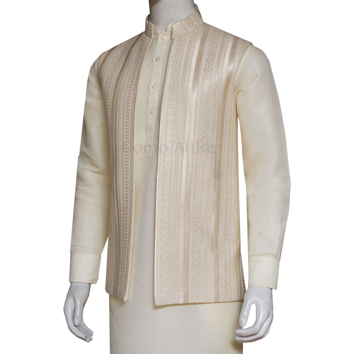 Open Front Beige Waistcoat with Contrast Embroidery | Groom Waistcoat