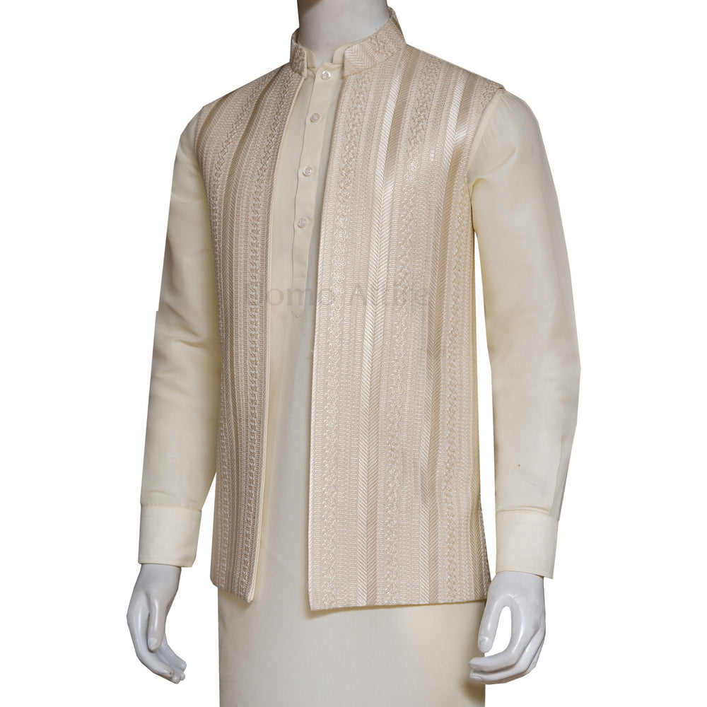 
                  
                    Open Front Beige Waistcoat with Contrast Embroidery | Groom Waistcoat
                  
                