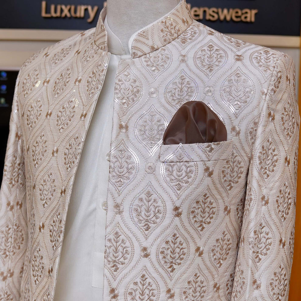 
                  
                    Open Front Sequin Embroidered Prince Coat For Men with Pocket Square
                  
                