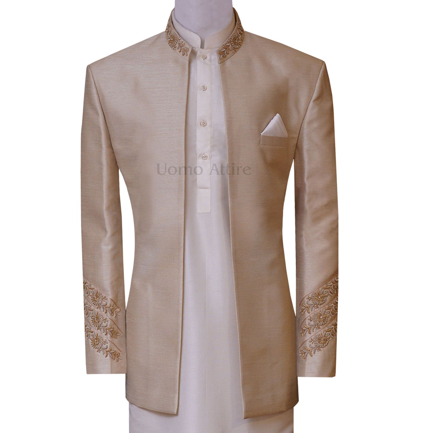 
                  
                    Golden Raw Silk Fabric Open Front Luxury Prince Coat | Prince Coat
                  
                