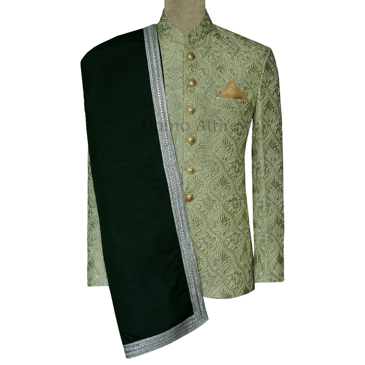 HK Fashion Raw Silk Mens - Emerald Green Embroidered Prince Coat