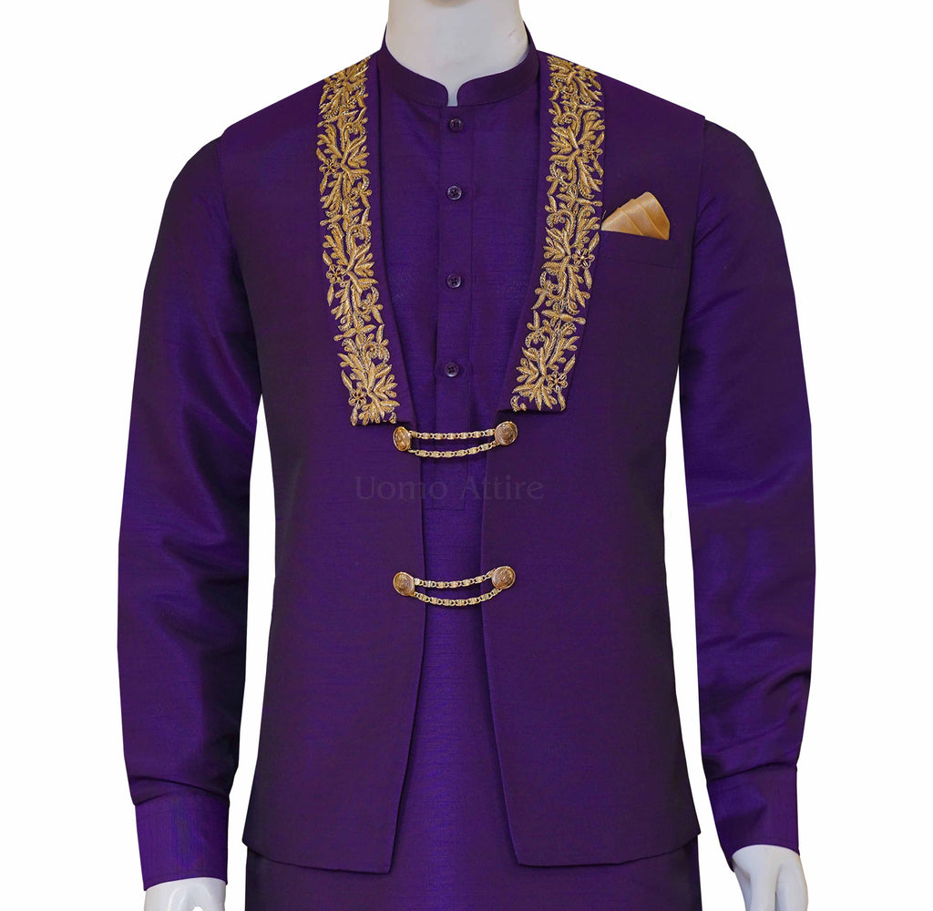 Plum color waistcoat with same kurta pajama | Waistcoat