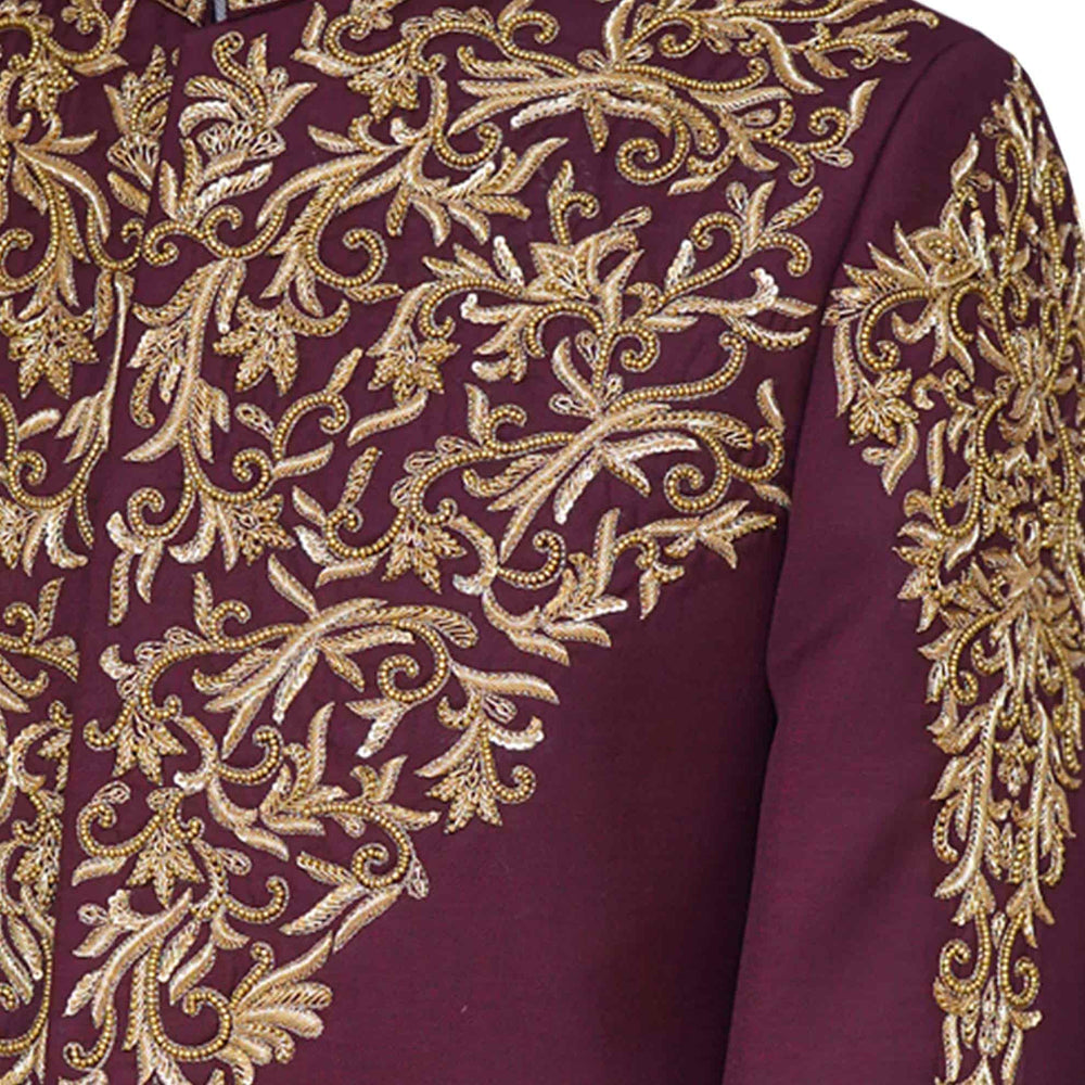 Premium quality fabric embellished maroon prince coat – Uomo Attire