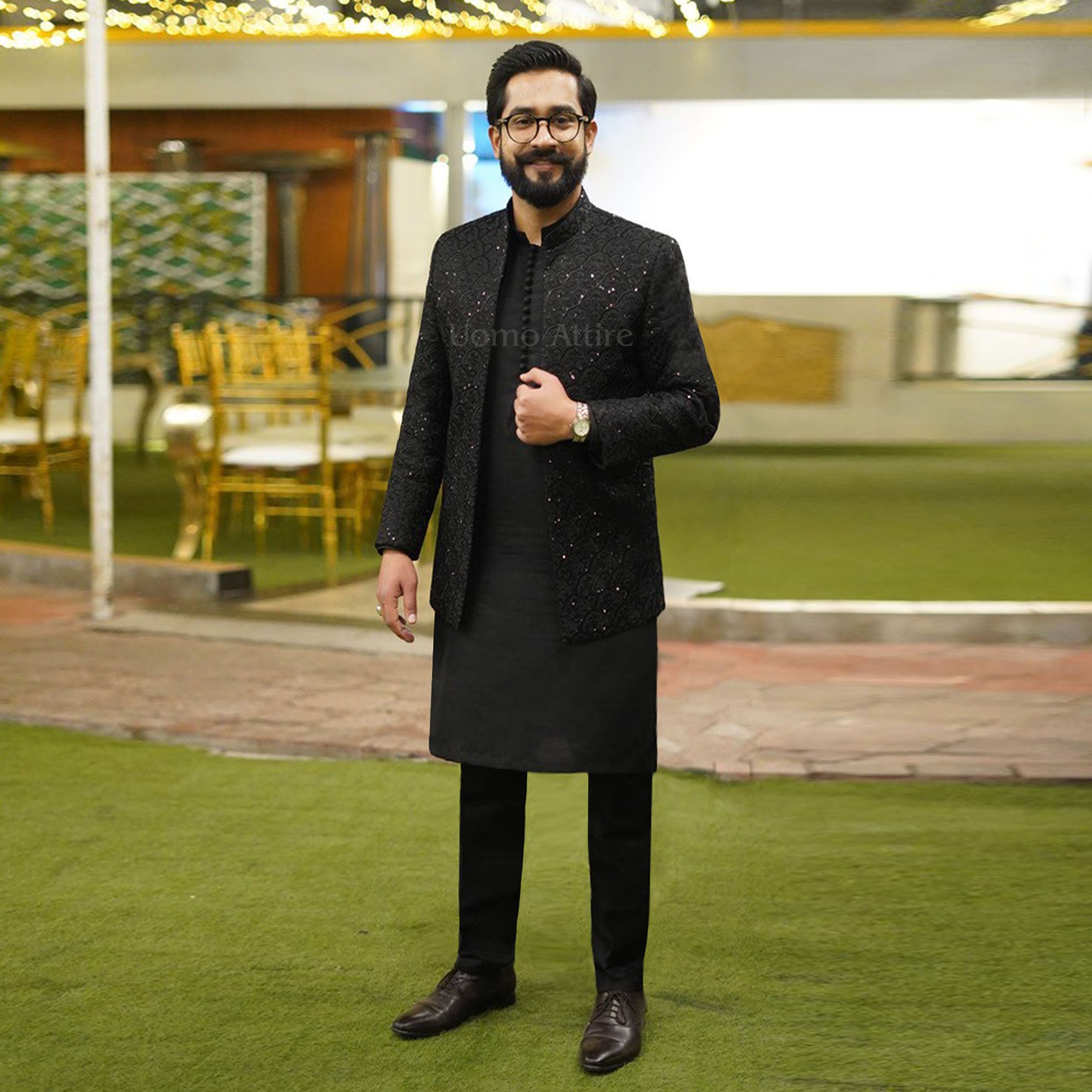 Embroidery Black Prince Coat With Black Shalwar Kameez Luxurious