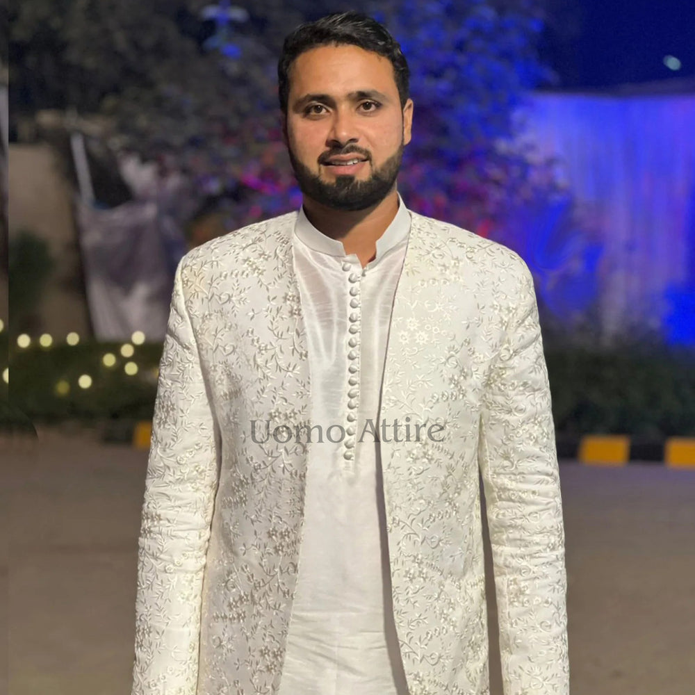 
                  
                    Off-White Embroidered Prince Coat for Groom with Kurta Pajama – Perfect Wedding Outfit
                  
                