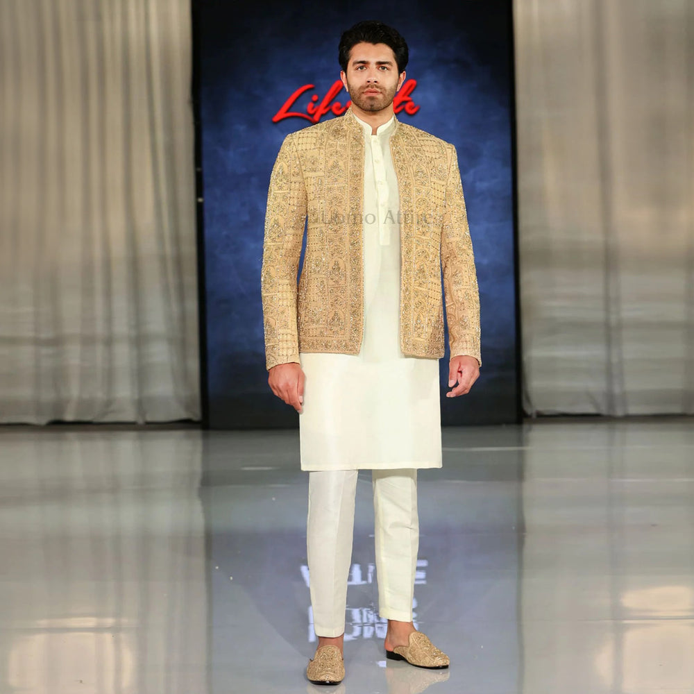 Golden Glamour Hand-Embellished Prince Coat with Kurta Pajama