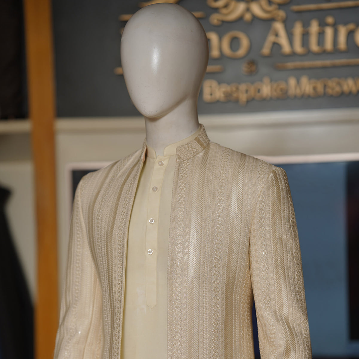 Beige and Ivory Embroidered Open Front Prince Coat for Special Ocassions