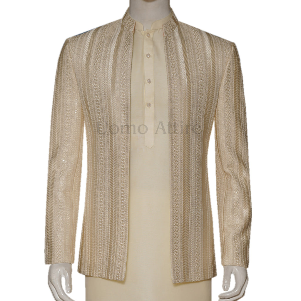 Beige and Ivory Embroidered Open Front Prince Coat with Kurta Pajama