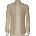 Beige and Ivory Embroidered Open Front Prince Coat with Kurta Pajama