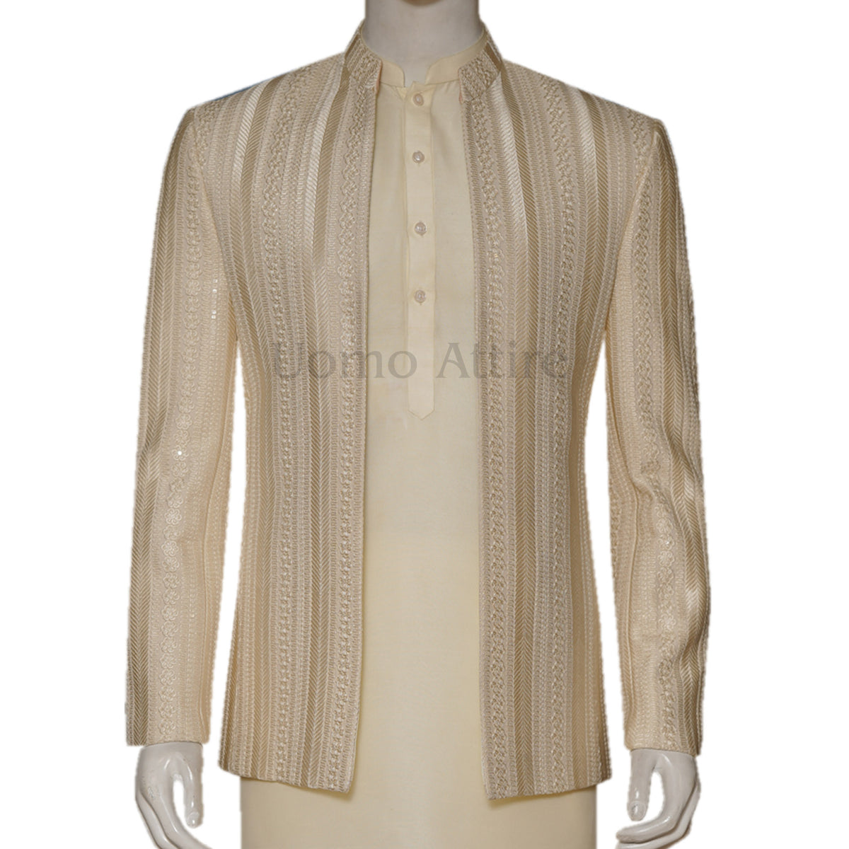 Beige and Ivory Embroidered Open Front Prince Coat with Kurta Pajama