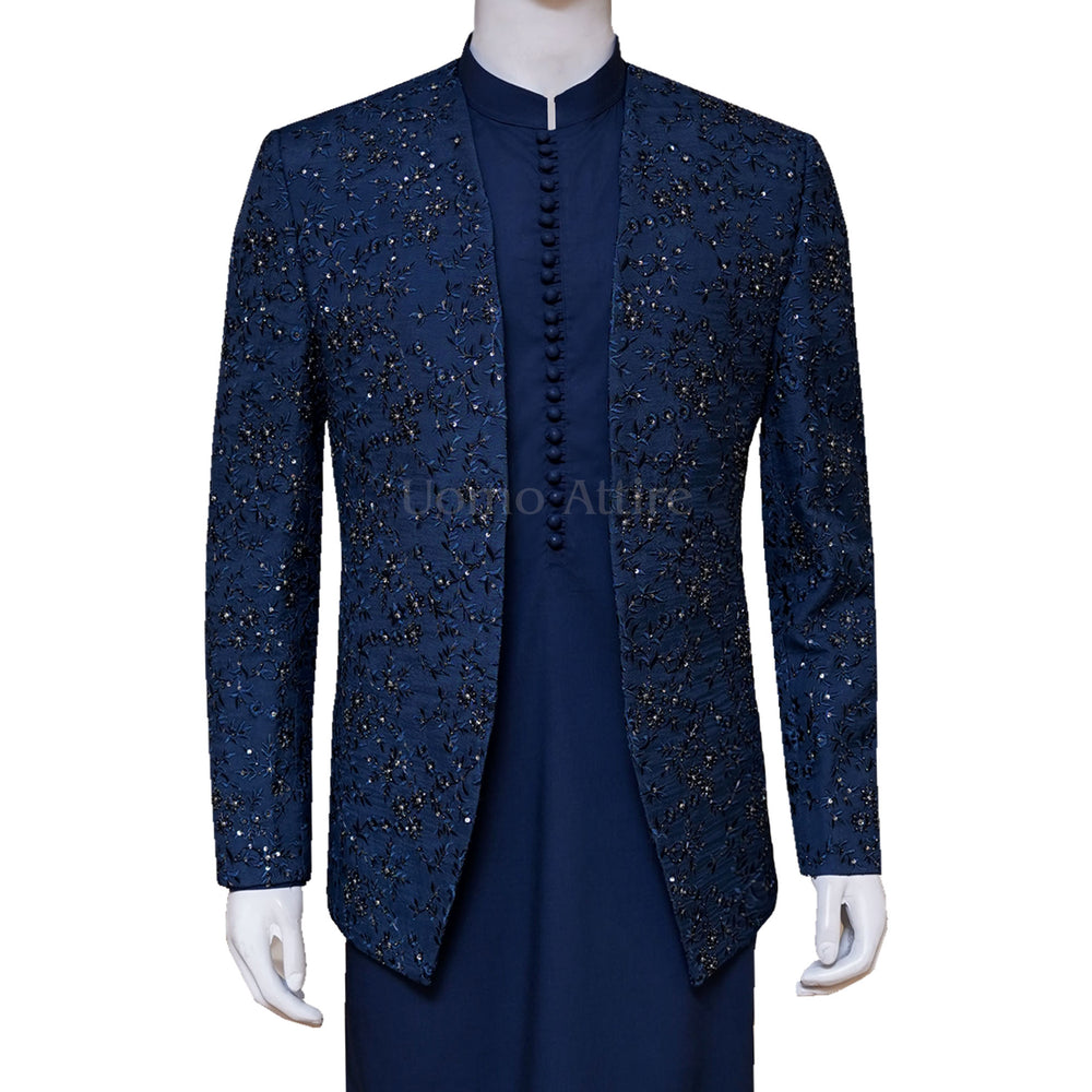 Midnight Blue Prince Coat with Same Color Kurta Pajama – Uomo Attire