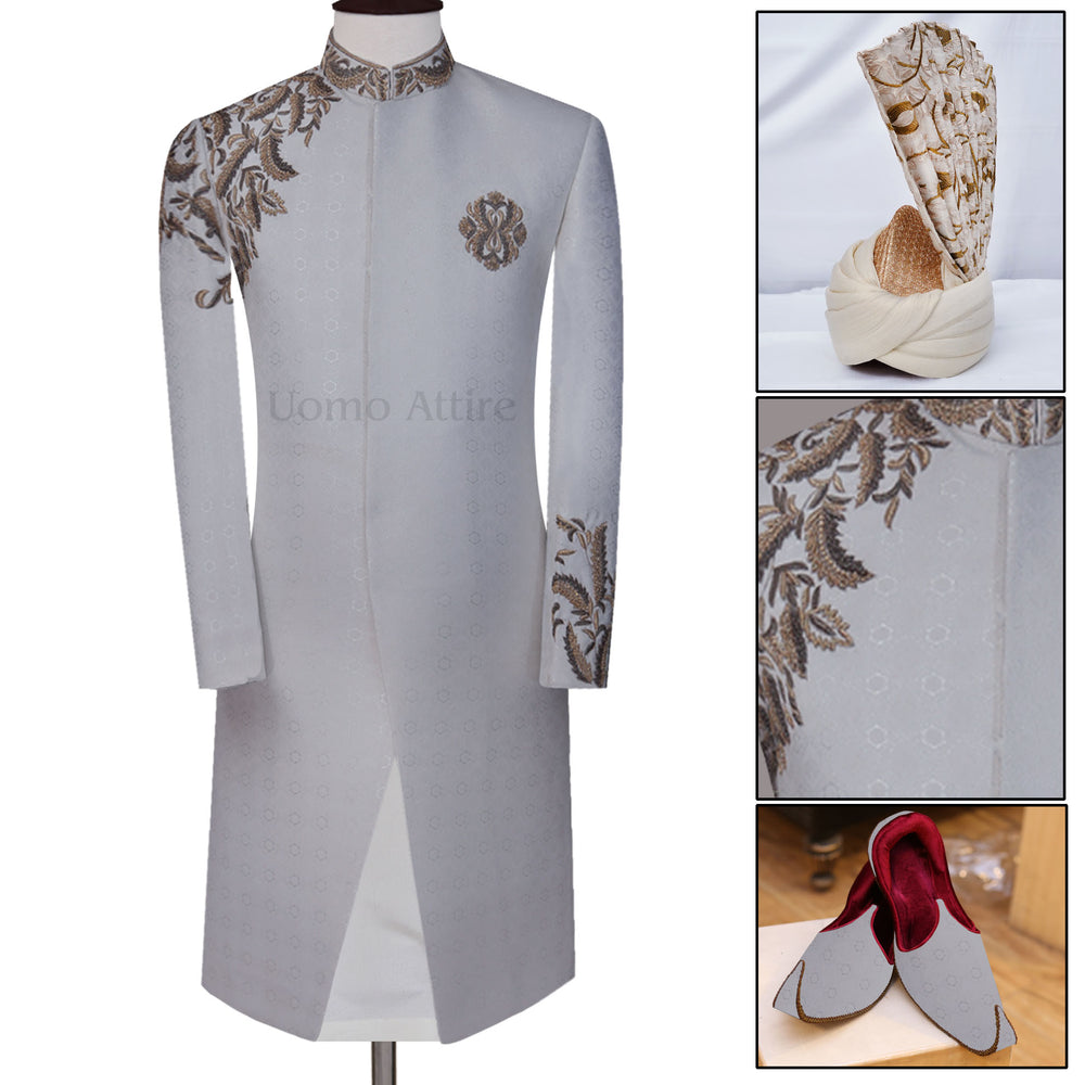 Pure Imported White Jamawar Wedding Sherwani for Groom