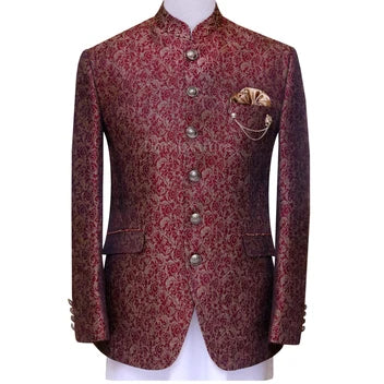 LUXURY MAROON TEXTURED BANDHGALA PRINCE COAT FOR MEN