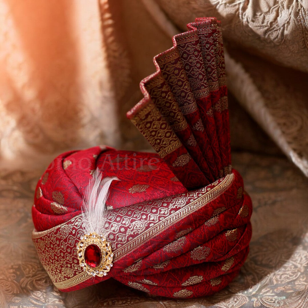 
                  
                    Royal Banarsi Saree Maroon Turban for the Modern Groom
                  
                