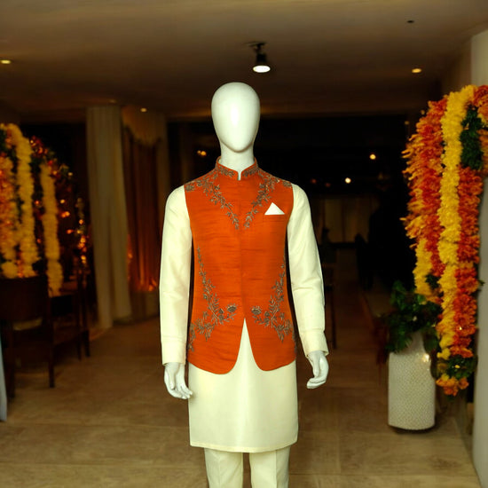 Rust Color Designer Mehndi Waistcoat for Groom – Uomo Attire