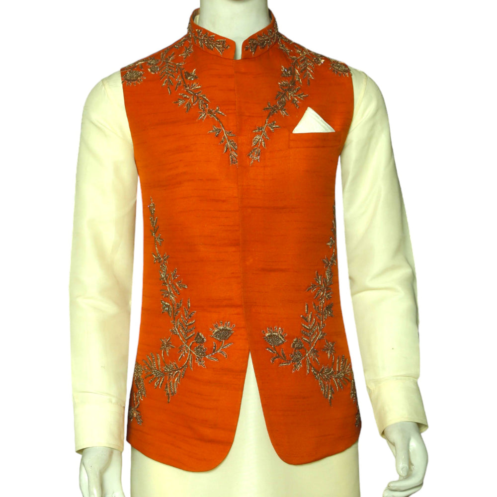 Rust Color Designer Mehndi Waistcoat for Groom