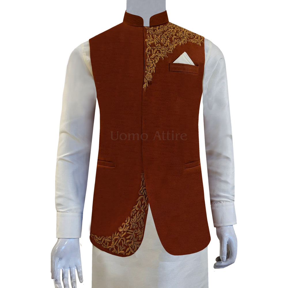 Rust Color Designer Waistcoat for Mehndi - Mehndi Waistcoat Online