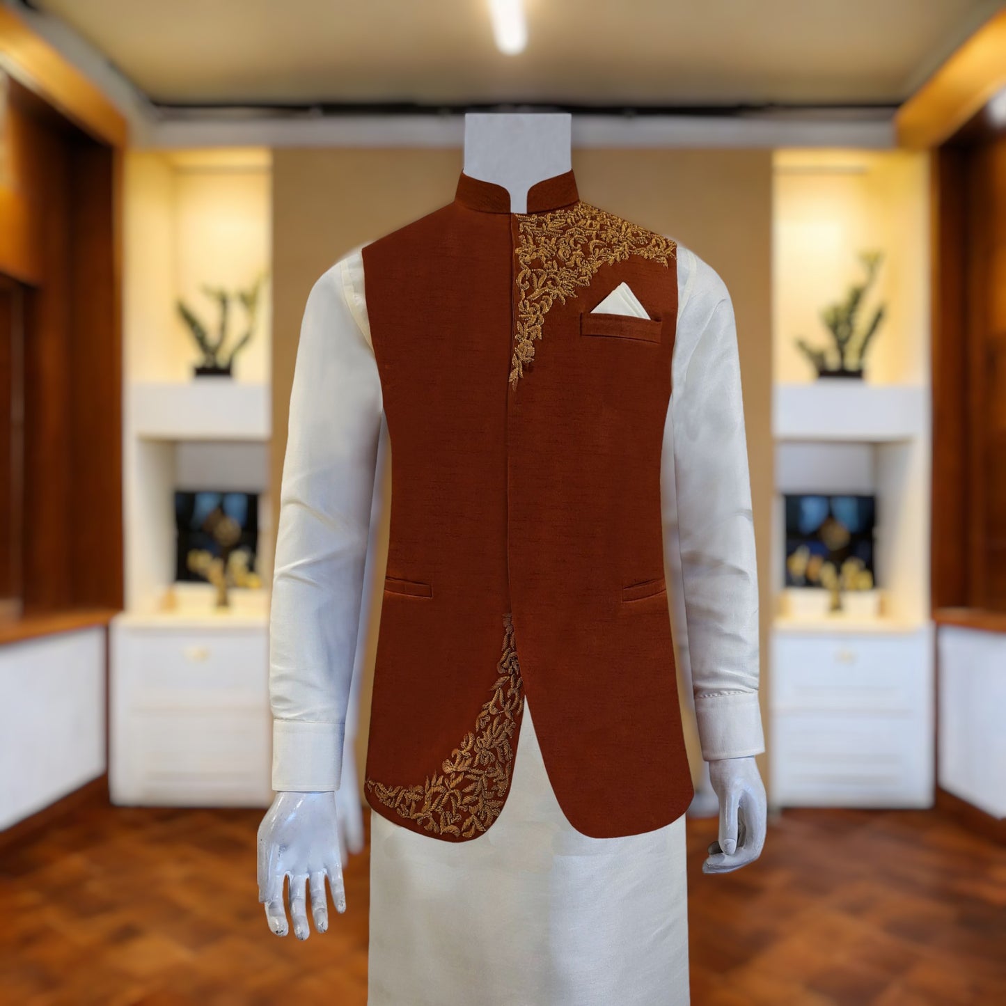 Rust Color Designer Waistcoat for Mehndi Uomo Attire