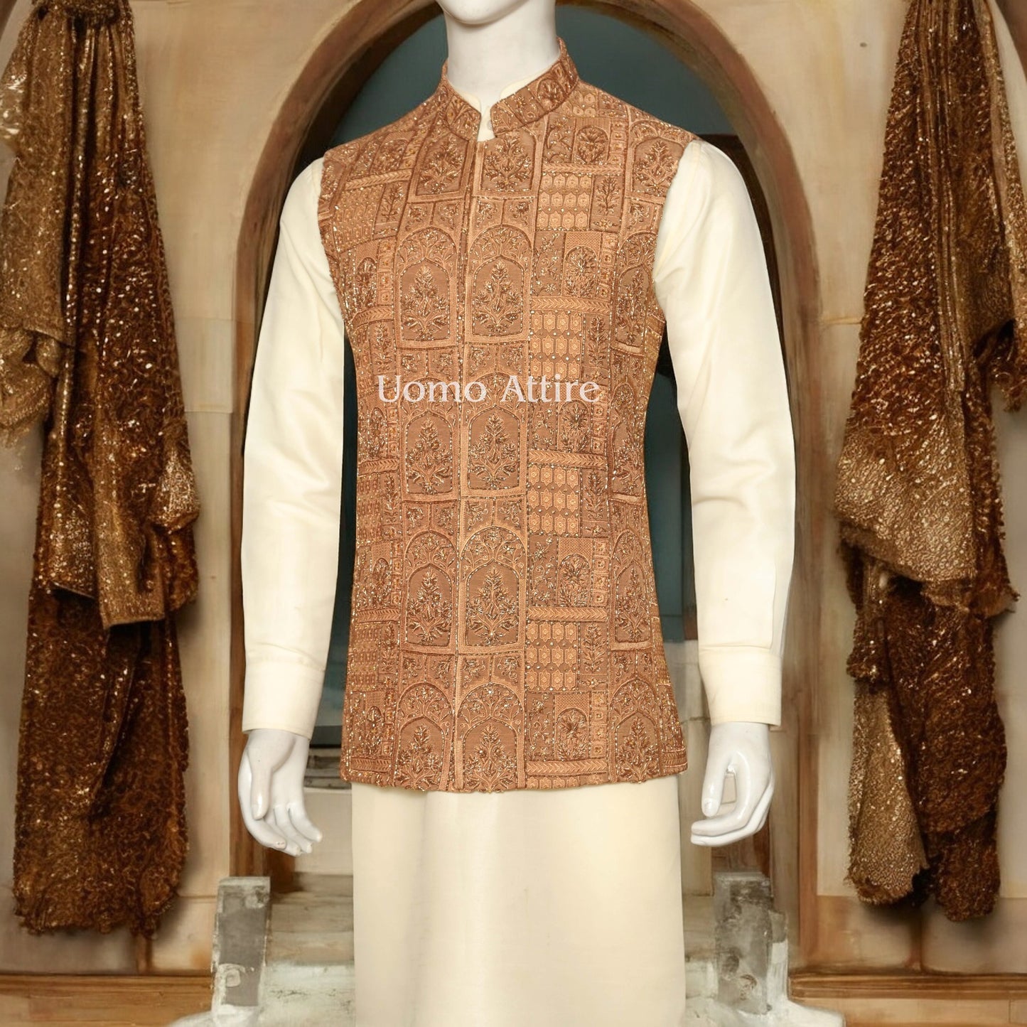 
                  
                    Rust Orange Mehndi Waistcoat for Groom
                  
                