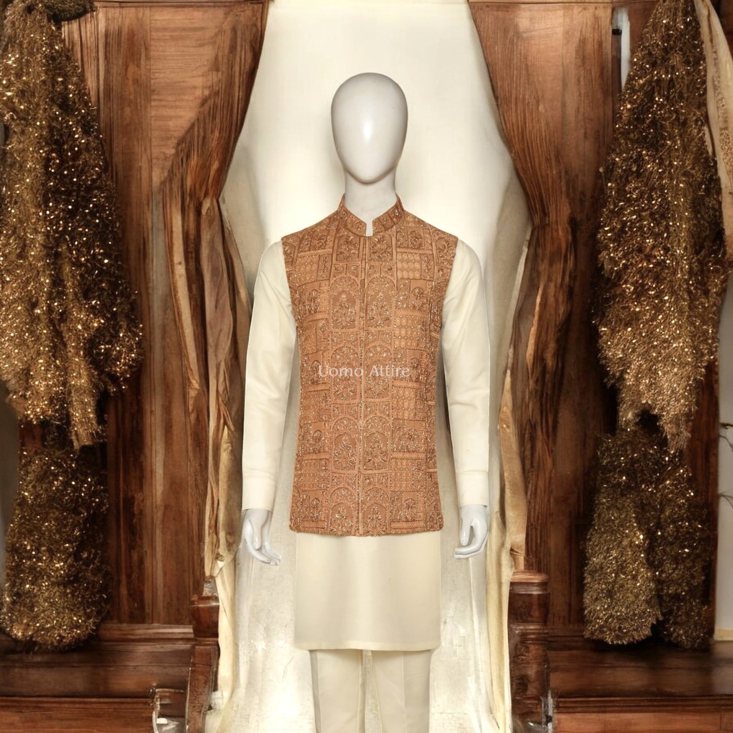 Rust Orange Mehndi Waistcoat for Groom in USA with Kurta Pajama