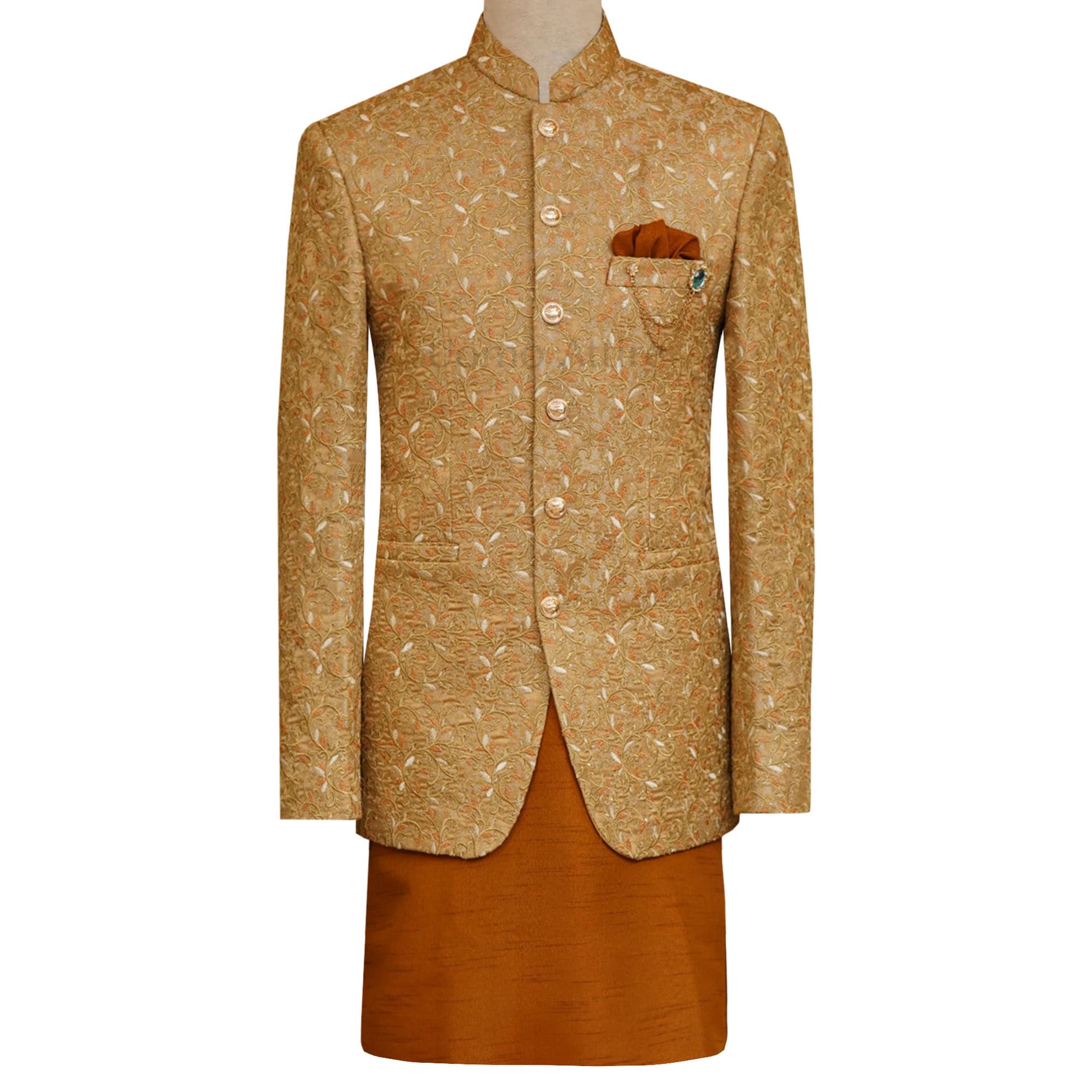 Rust color wedding prince coat with multicolor embroidery – Uomo Attire