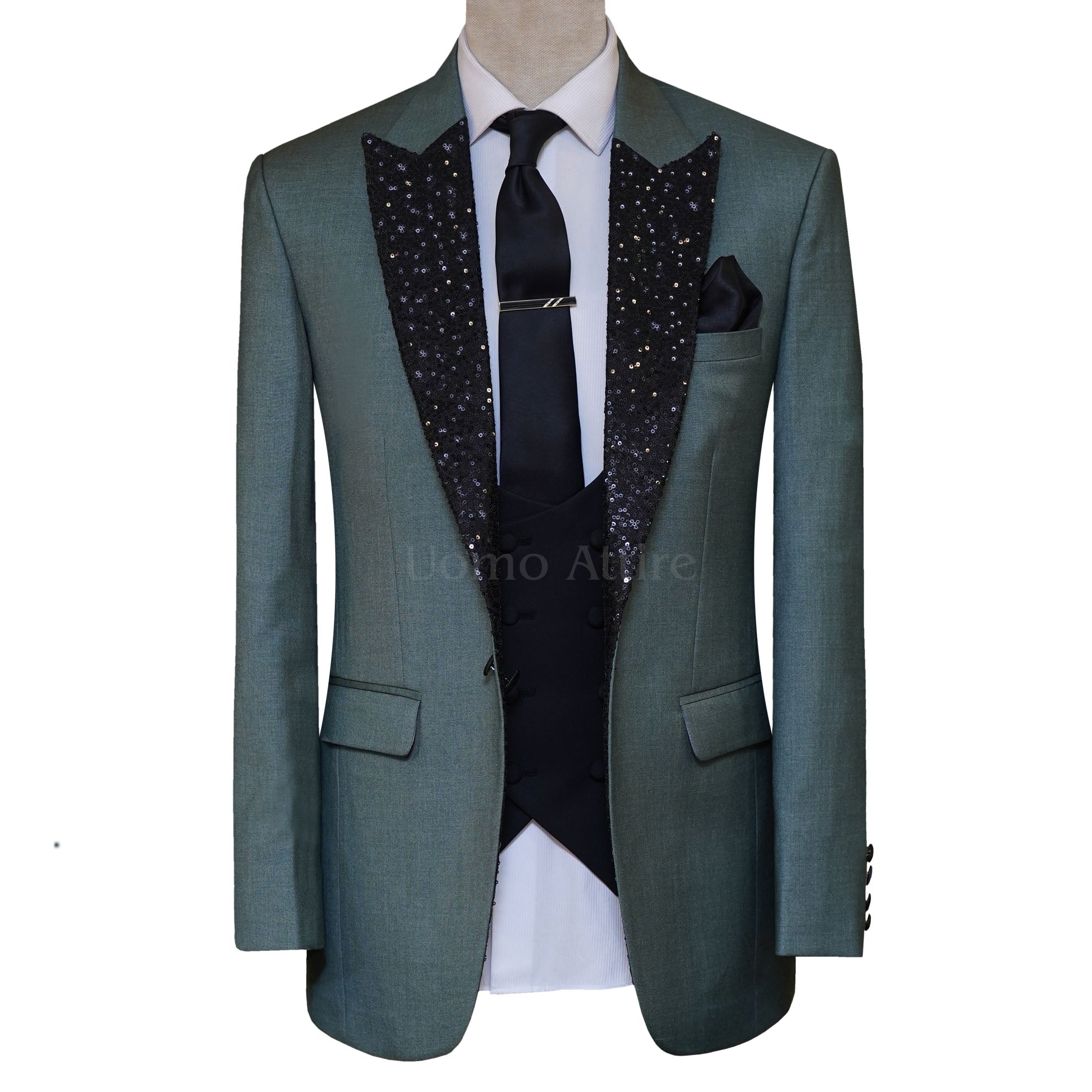 Sage Green Groom Tuxedo Suit for Wedding with Black Sequin Peak Lapel