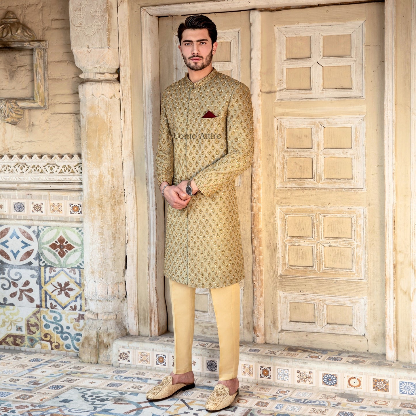 
                  
                    Exquisite Custom Light Green Sherwani  For Groom with Golden Embellishments
                  
                