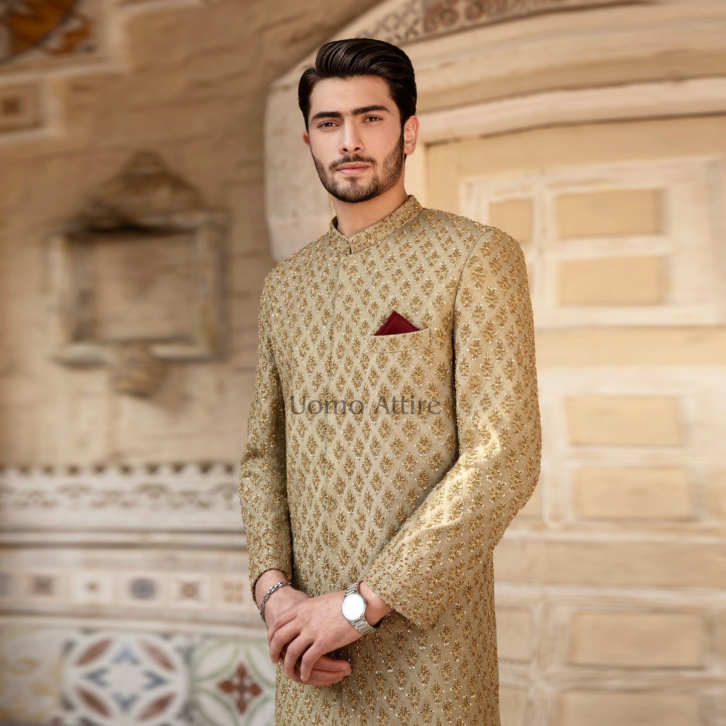 
                  
                    Exquisite Custom Light Green Sherwani  For Groom with Golden Embellishments
                  
                