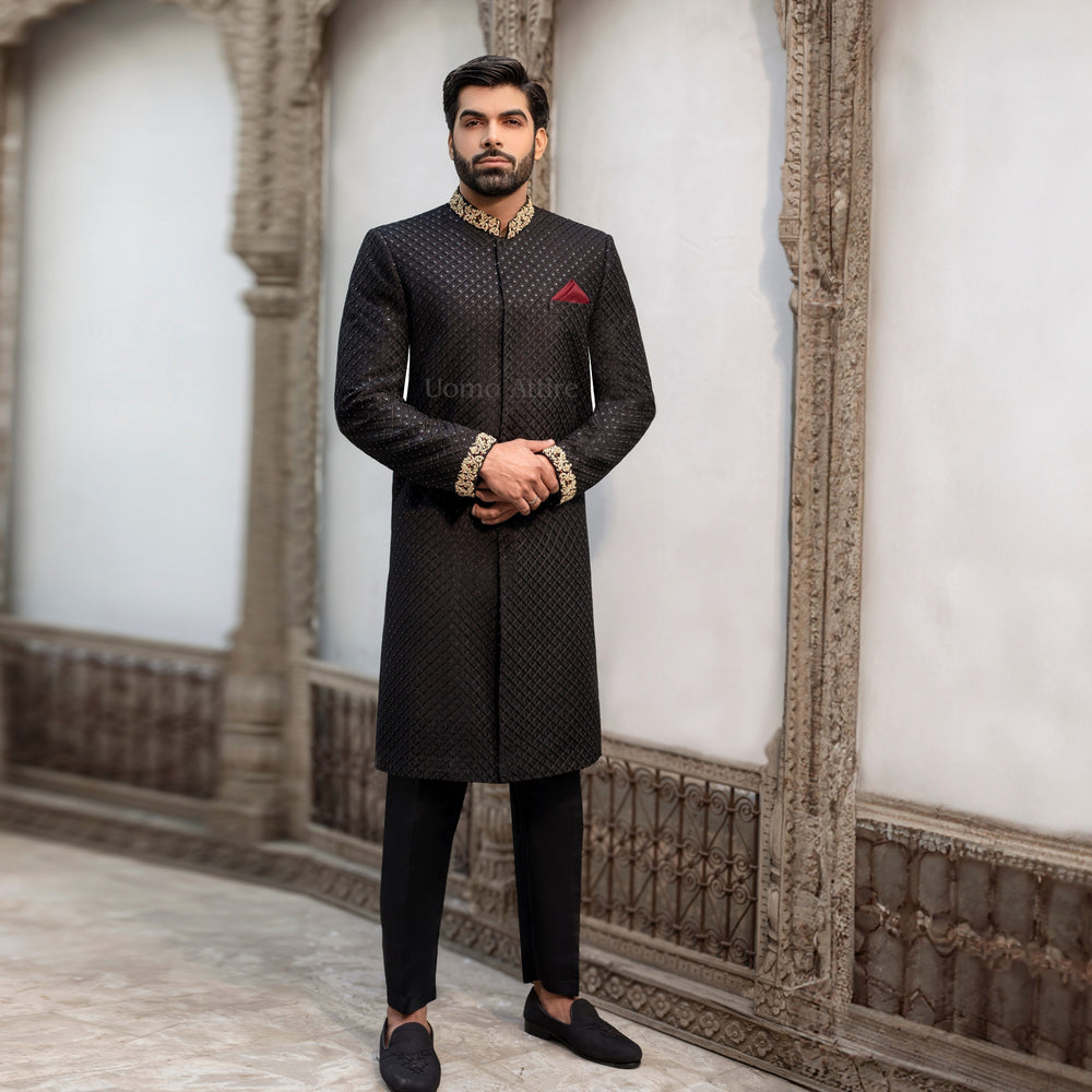 Regal Jet Black Sherwani for Groom A Perfect Blend of Elegance and Royalty