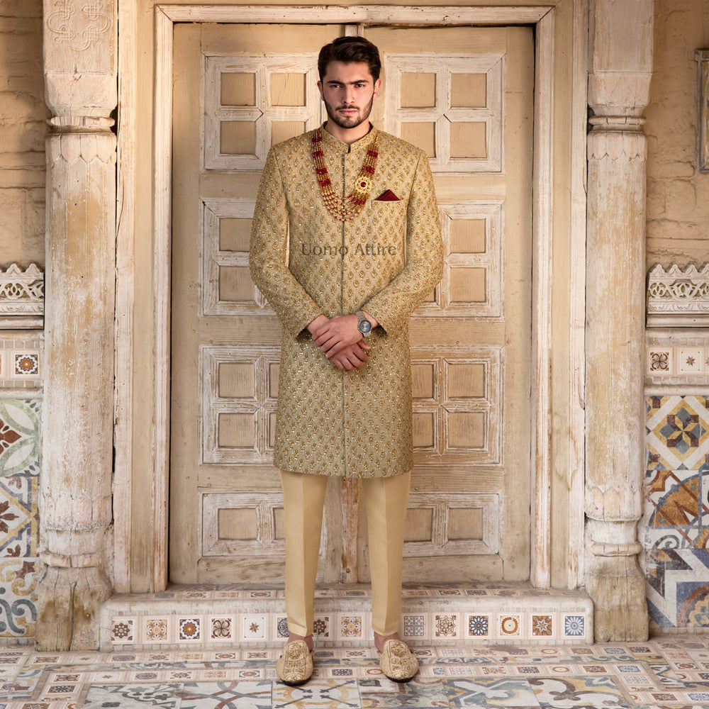 
                  
                    Exquisite Custom Light Green Sherwani  For Groom with Golden Embellishments
                  
                