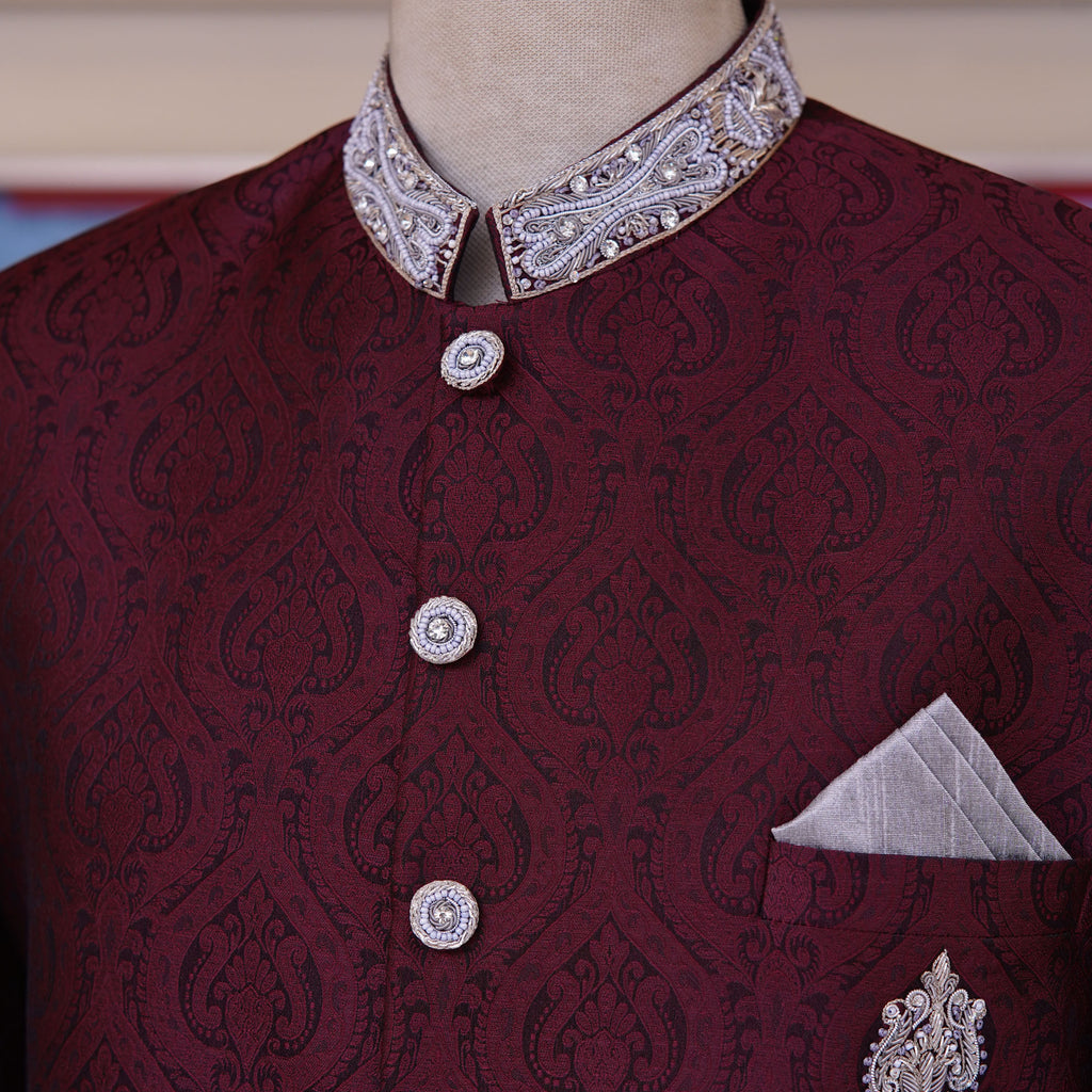 Maroon Self Textured Jamawar Wedding Sherwani For Groom