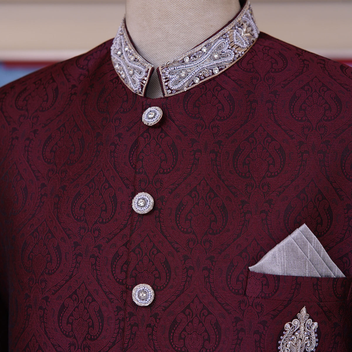 Maroon Self Textured Jamawar Wedding Sherwani For Groom