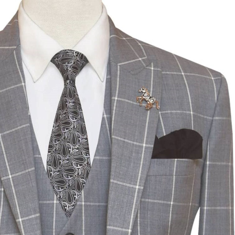 Steel grey windowpane check customized three piece suit 2