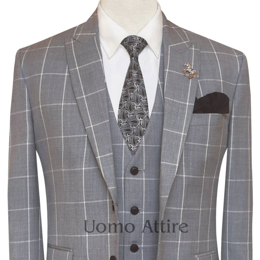Steel grey windowpane check customized three piece suit 3