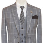 Steel grey windowpane check customized three piece suit 3