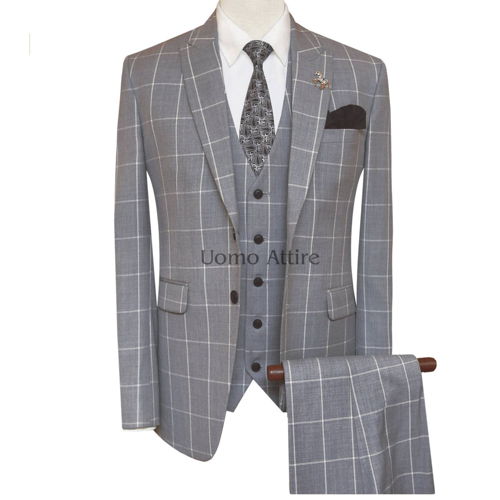 Steel grey windowpane check customized three piece suit
