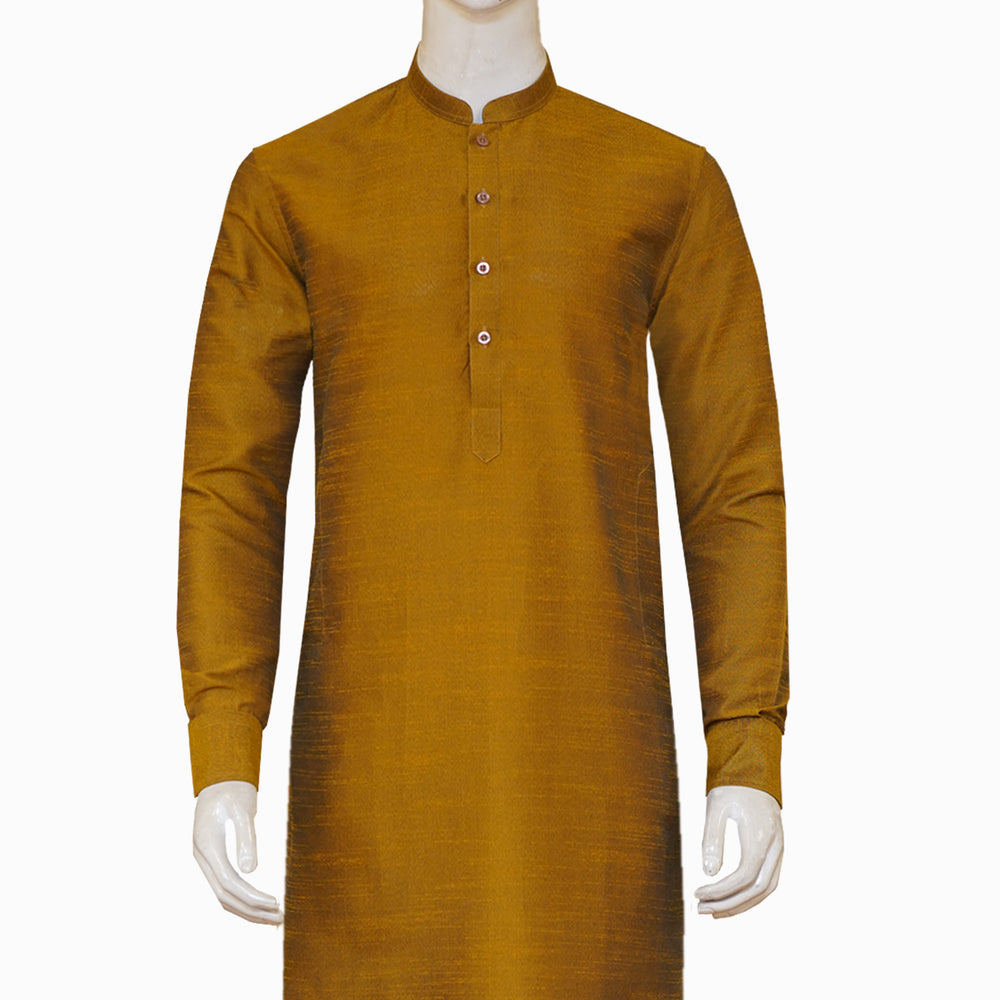 
                  
                    Stylish and Traditional Yellowish Orange Raw Silk Fabric Kurta Pajama for Men 2
                  
                