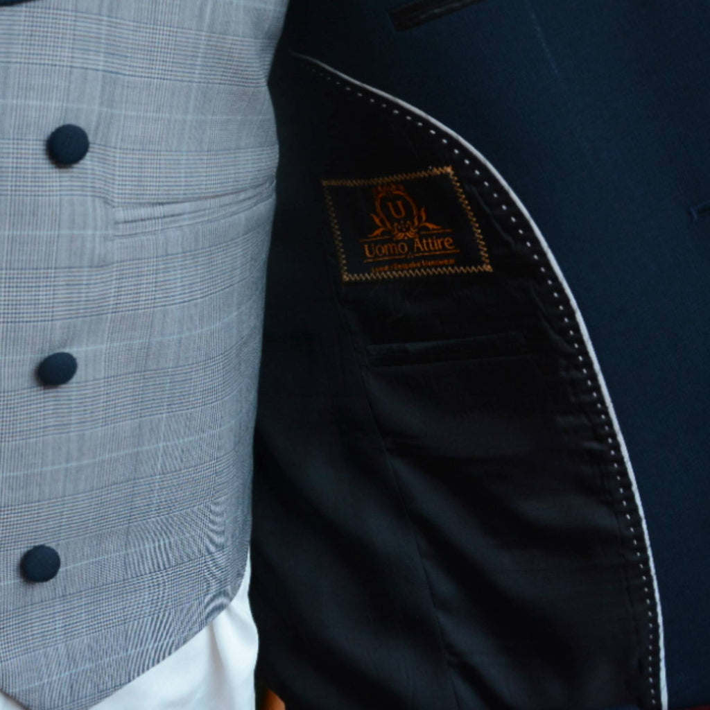 Tailor-made tapered fit zink blue three piece suit inside fashion