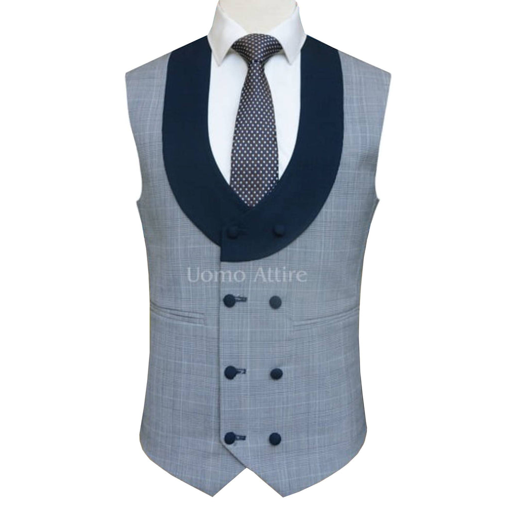 Tailor-made tapered fit zink blue three piece suit with vest