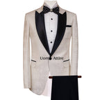 Tailor-made tuxedo 2 piece suit in self designed textured fabric, white tuxedo suit with peak lapel black satin shawl