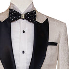 Tailor-made tuxedo 2 piece suit in self designed textured fabric, white tuxedo suit with peak lapel black satin shawl 2
