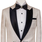 Tailor-made tuxedo 2 piece suit in self designed textured fabric, white tuxedo suit with peak lapel black satin shawl 3