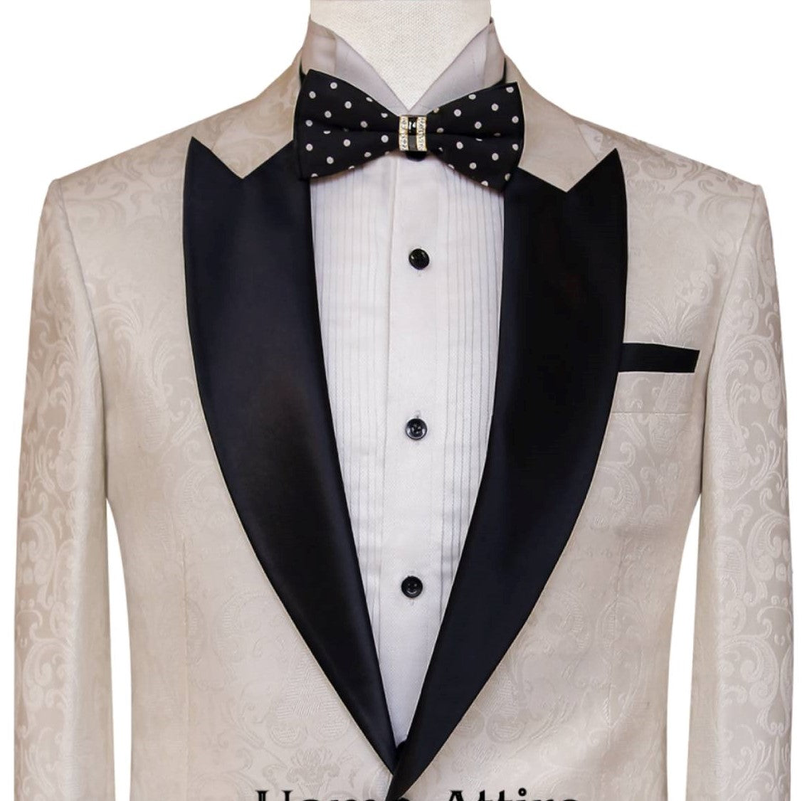 
                  
                    Tailor-made tuxedo 2 piece suit in self designed textured fabric, white tuxedo suit with peak lapel black satin shawl 3
                  
                