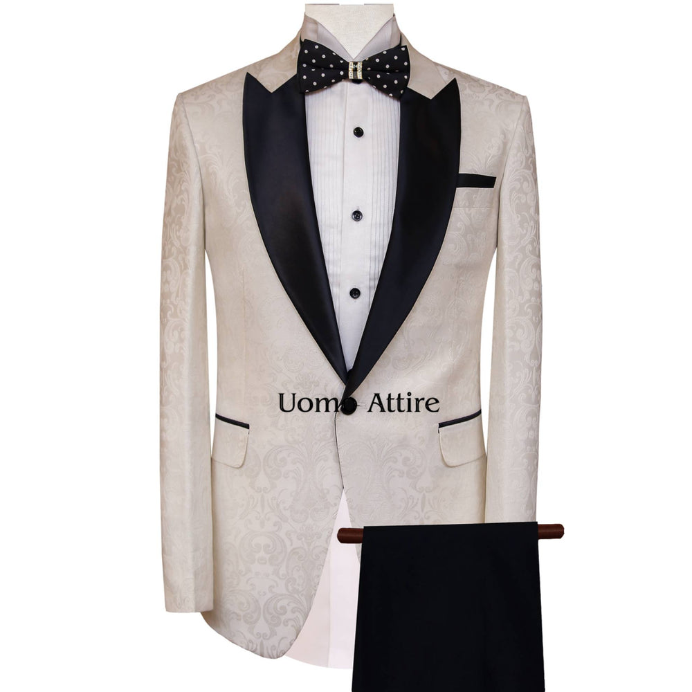 Tailor-made tuxedo 2 piece suit in self designed textured fabric, white tuxedo suit with peak lapel black satin shawl