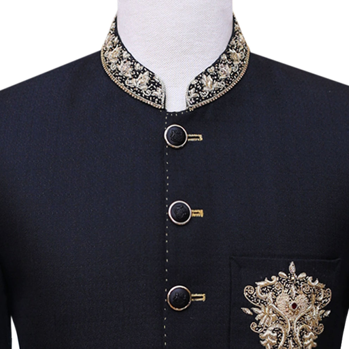 Tailormade imported jamawar black prince coat for smart look 3