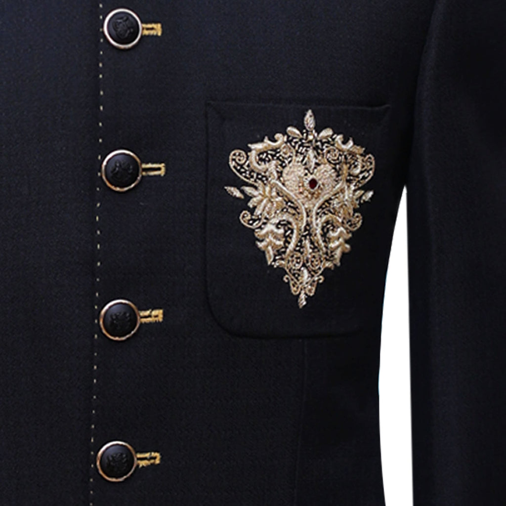 Tailormade imported jamawar black prince coat for smart look 2