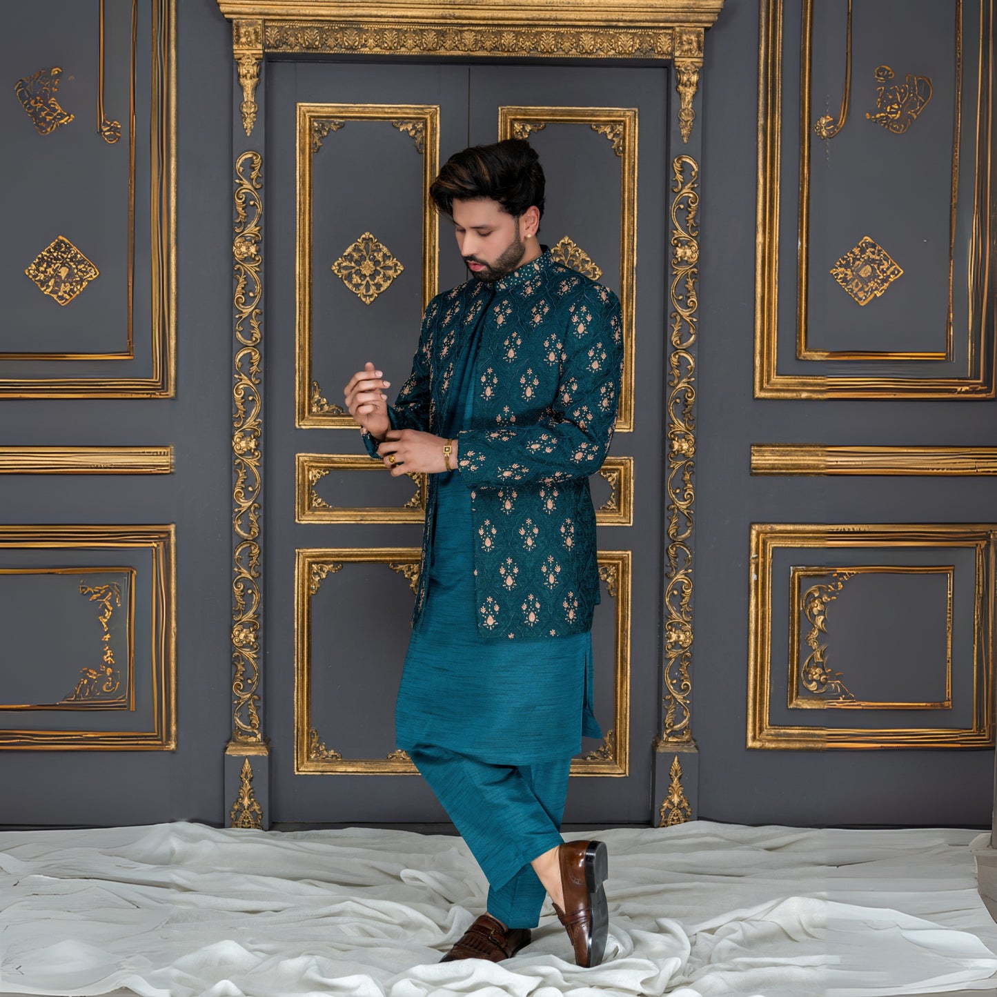 
                  
                    Teal Embroidered Prince Coat for Men – Luxury Eastern Groom Wear
                  
                