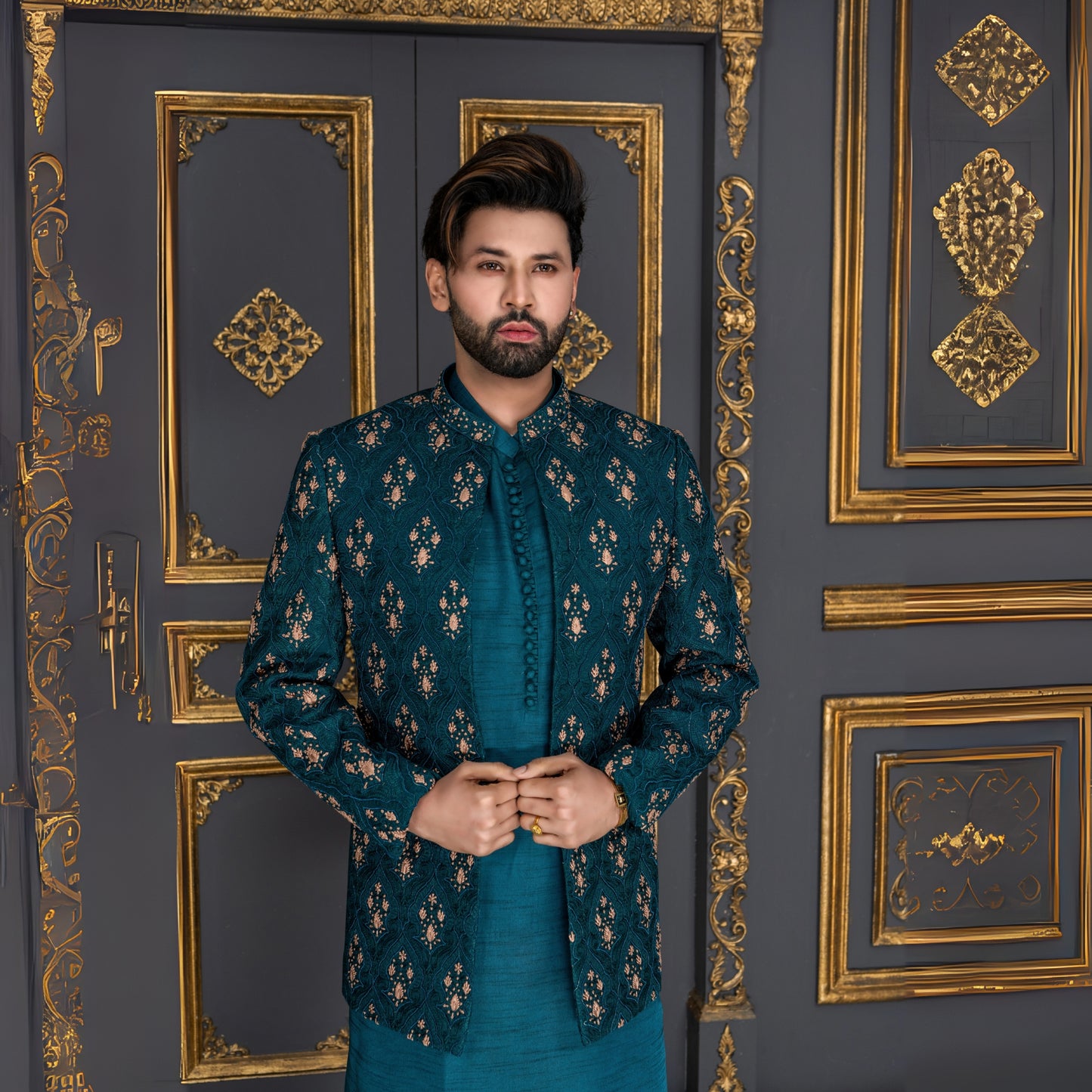 
                  
                    Teal Embroidered Prince Coat for Men – Luxury Eastern Groom Wear
                  
                