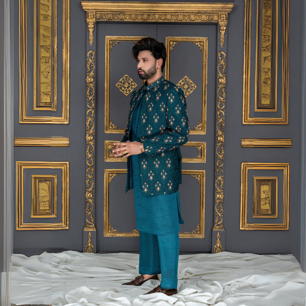 Teal Embroidered Prince Coat for Men – Luxury Eastern Groom Wear