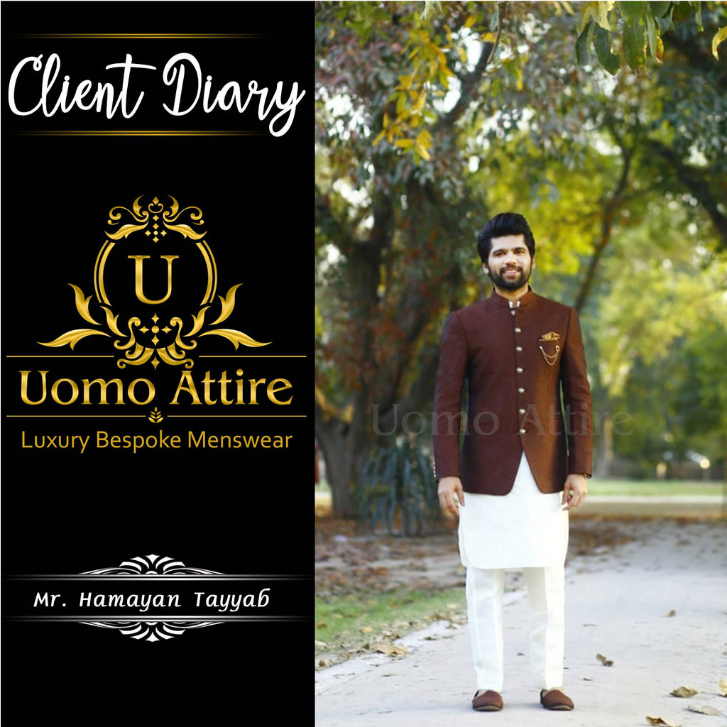 Textured karandi jamawar prince coat for a dapper look client